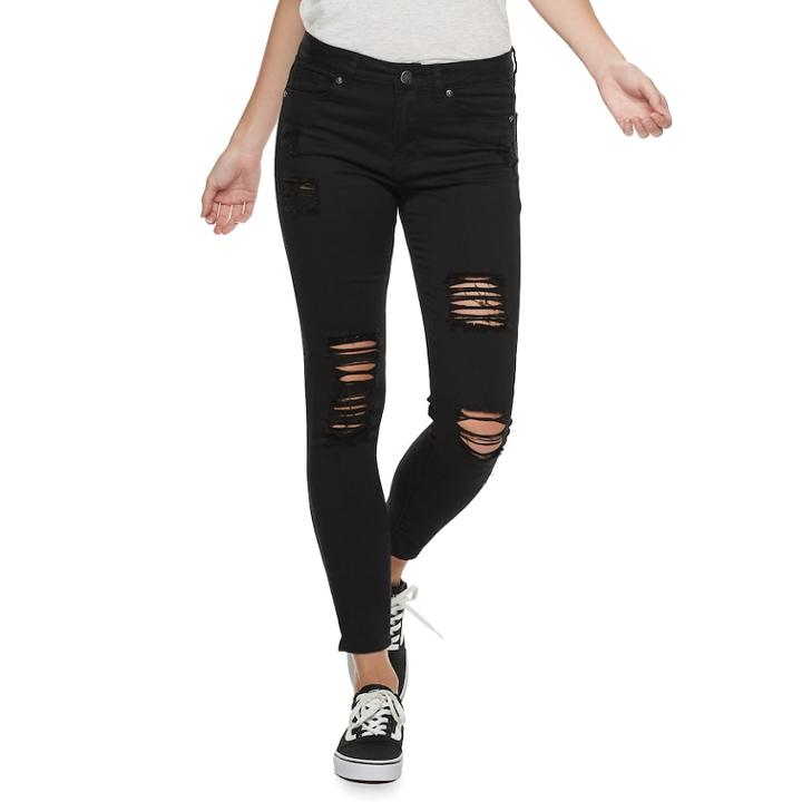 Juniors' Almost Famous Mid-rise Destructed Ankle Skinny Jeans, Teens, Size: 9, Black