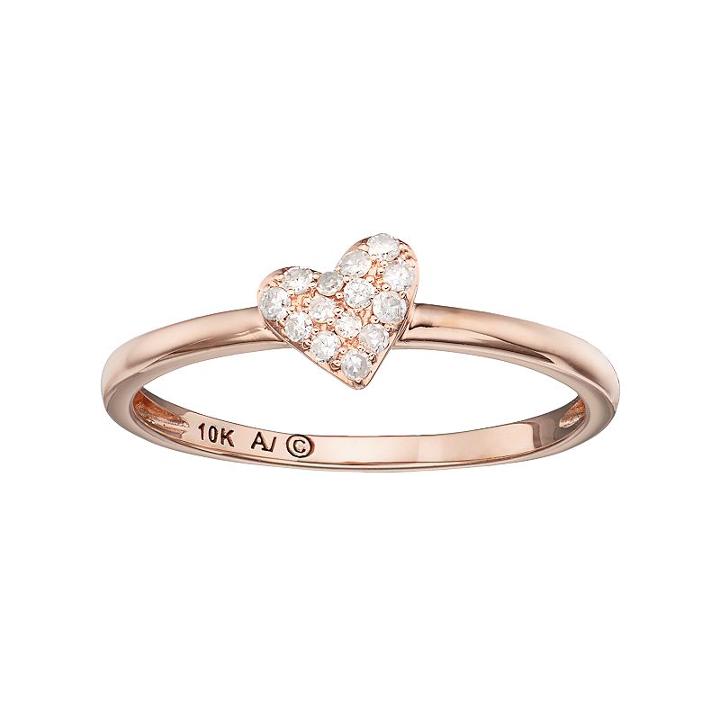10k Rose Gold 1/10 Carat T.w. Diamond Heart Ring, Women's, Size: 7, White