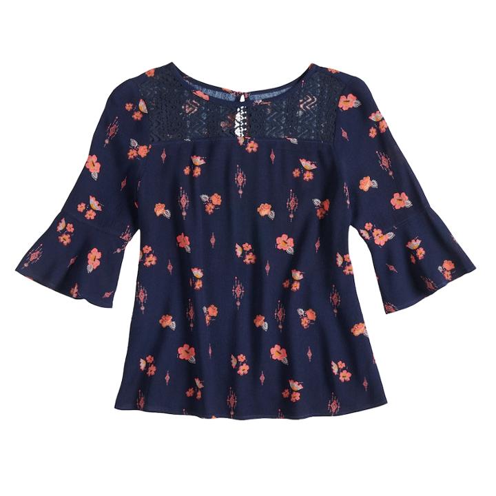 Girls 7-16 & Plus Size Mudd&reg; Bell Sleeve Lace Yoke Top, Size: 12, Drk Purple