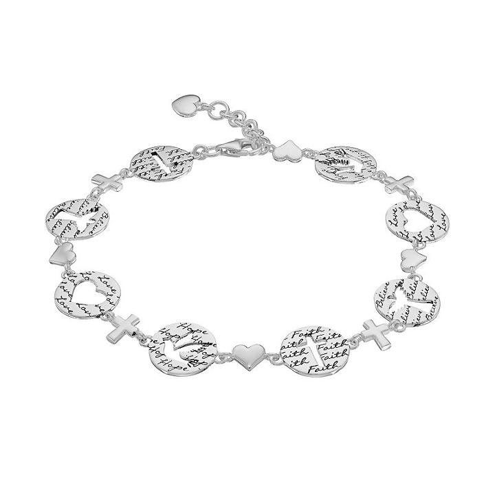 Sterling Silver Faith & Love Cross & Heart Bracelet, Women's, Size: 8
