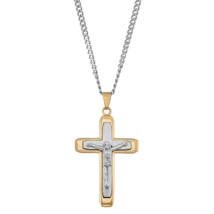 Men's Two Tone Stainless Steel Crucifix Pendant Necklace, Size: 24, Gold