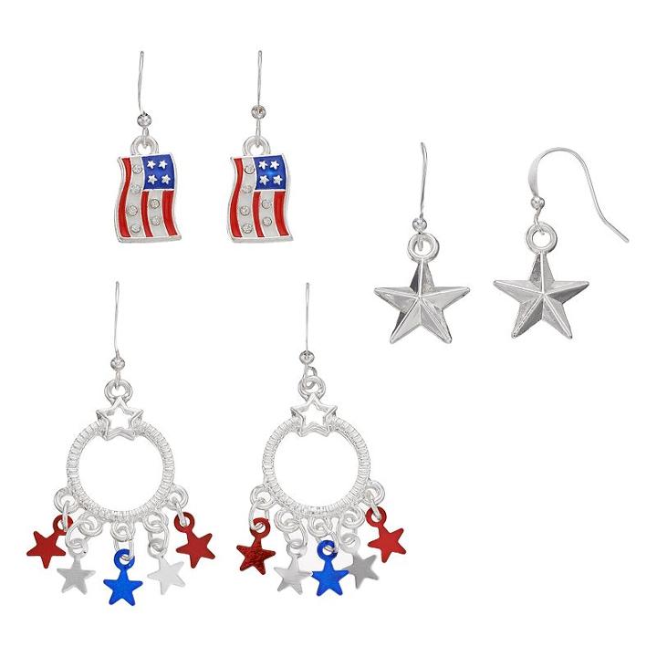 American Flag & Star Drop Earring Set, Women's, Multicolor