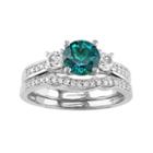 10k White Gold Lab-created Emerald, White Sapphire & 1/6 Carat T.w. Diamond Engagement Ring Set, Women's, Size: 5, Green