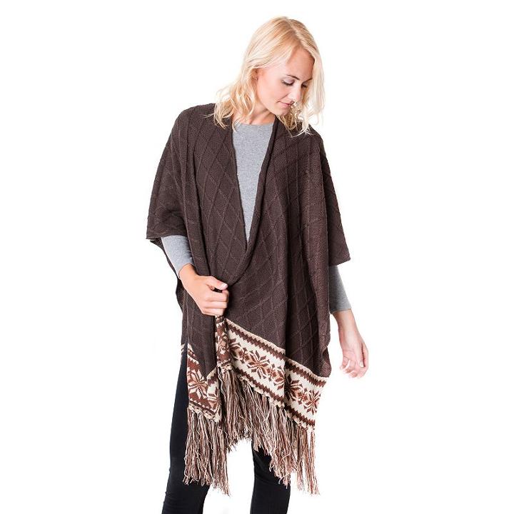 Muk Luks Knit Snowflake Fringed Ruana, Brown