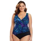 Plus Size Great Lengths Sunshower Tummy Slimmer Butterfly One-piece Swimsuit, Women's, Size: 16, Blue