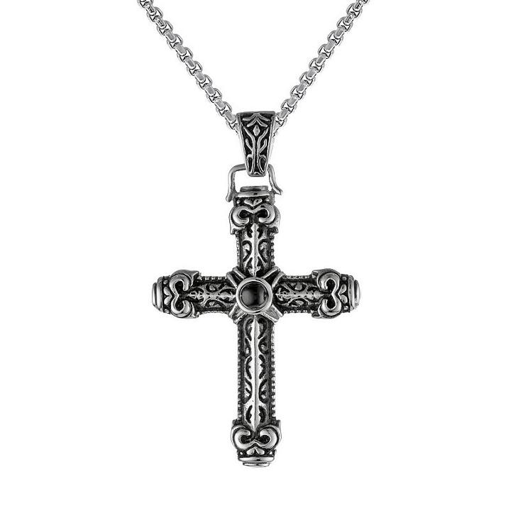 Agate Stainless Steel Textured Cross Pendant Necklace - Men, Size: 24, Black