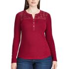Plus Size Chaps Lace Yoke Henley Shirt, Women's, Size: 2xl, Red