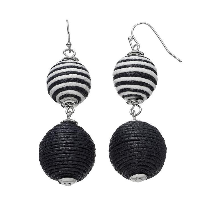 Striped Thread Wrapped Ball Nickel Free Drop Earrings, Women's, Black