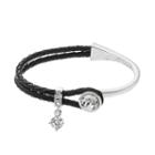 Brilliance Silver Tone & Black Leather Bracelet With Swarovski Crystals, Women's, Size: 7.25, White
