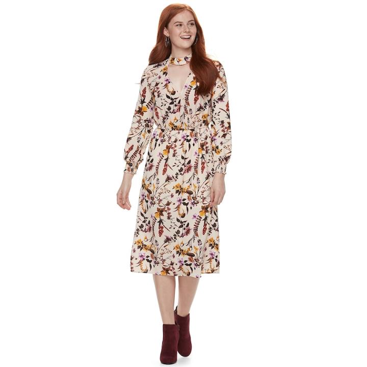 Juniors' Love, Fire Print Choker Neck Faux-wrap Dress, Teens, Size: Small, Beige Oth