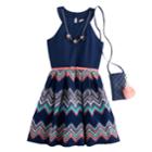 Girls 7-16 & Plus Size Knitworks Chevron Skirt Skater Dress With Necklace & Crossbody Purse, Size: 14 1/2, Blue (navy)