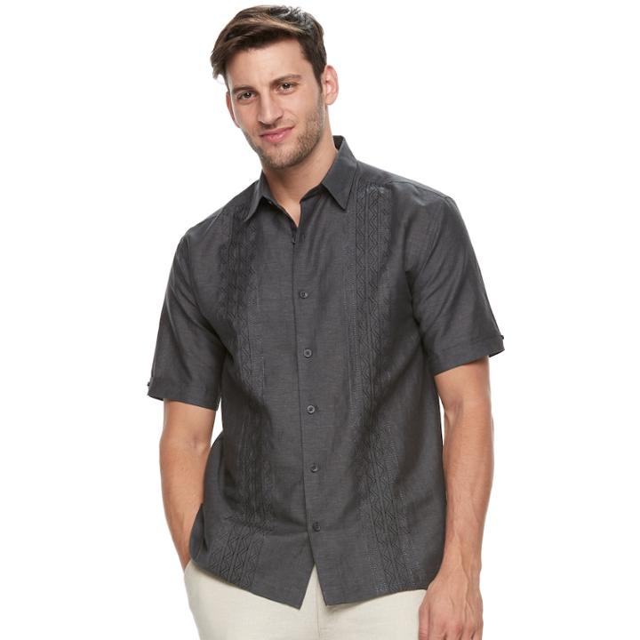 Men's Havanera Embroidered Linen-blend Button-down Shirt, Size: Large, Dark Grey