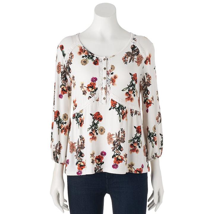 Juniors' Cloudchaser Lace Inset Peasant Top, Teens, Size: Large, Natural
