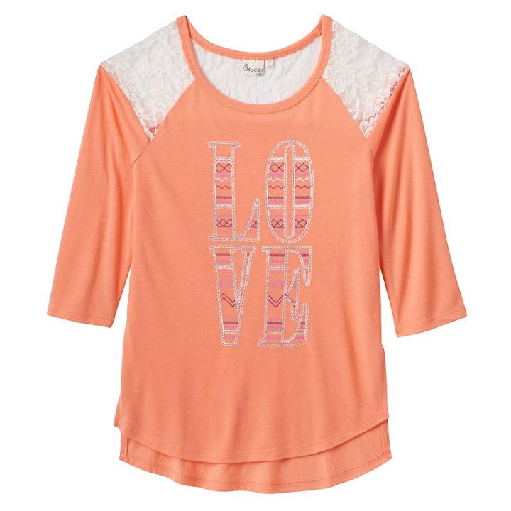 Girls 7-16 Mudd&reg; Raglan Lace High-low Graphic Tee, Girl's, Size: 12, Lt Orange