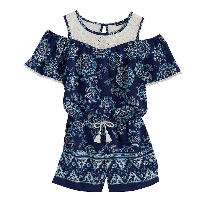 Girls 7-16 My Michelle Cold Shoulder Crochet Romper, Size: Large, Blue