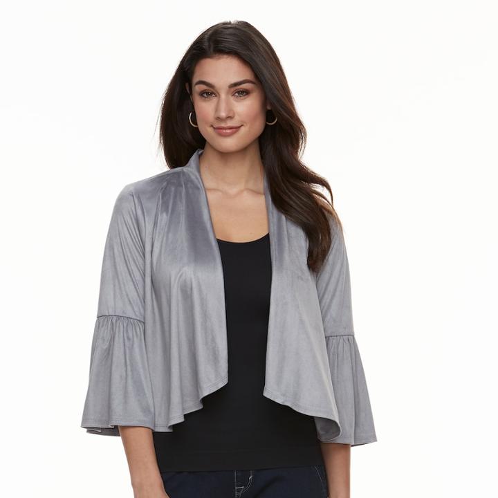 Women's Nina Leonard Bell-sleeve Suede Bolero, Size: Medium, Med Grey