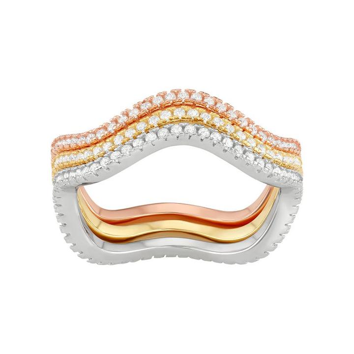 Cubic Zirconia Tri-tone Sterling Silver Wave Stack Ring Set, Women's, Size: 8, Multicolor