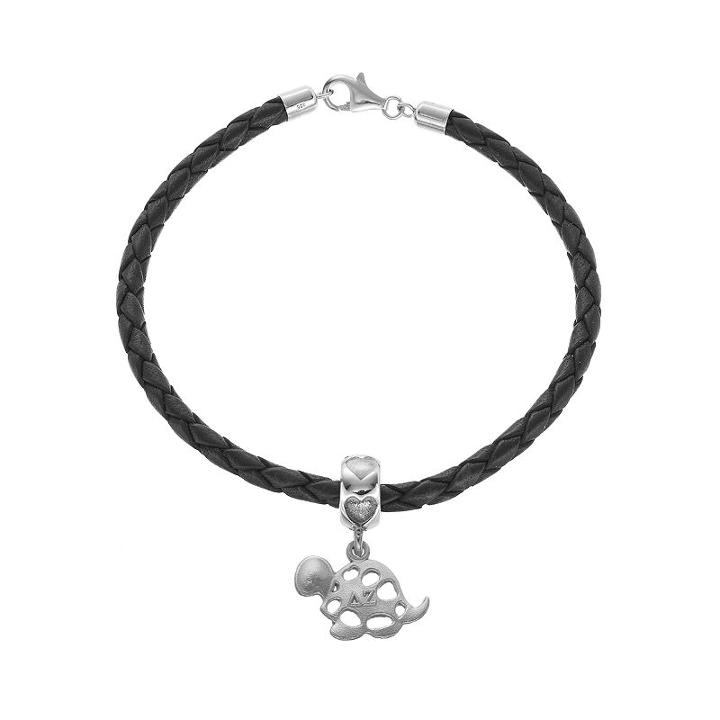 Delta Zeta, Logoart Sterling Silver & Leather Sorority Turtle Bracelet, Women's, Size: 7.5, Grey
