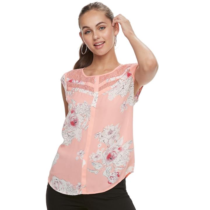 Juniors' Candie's&reg; Print Lace Inset Top, Teens, Size: Large, Pink