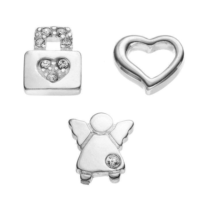 Blue La Rue Crystal Silver-plated Heart, Angel And Heart Lock Charm Set, Women's, Silver