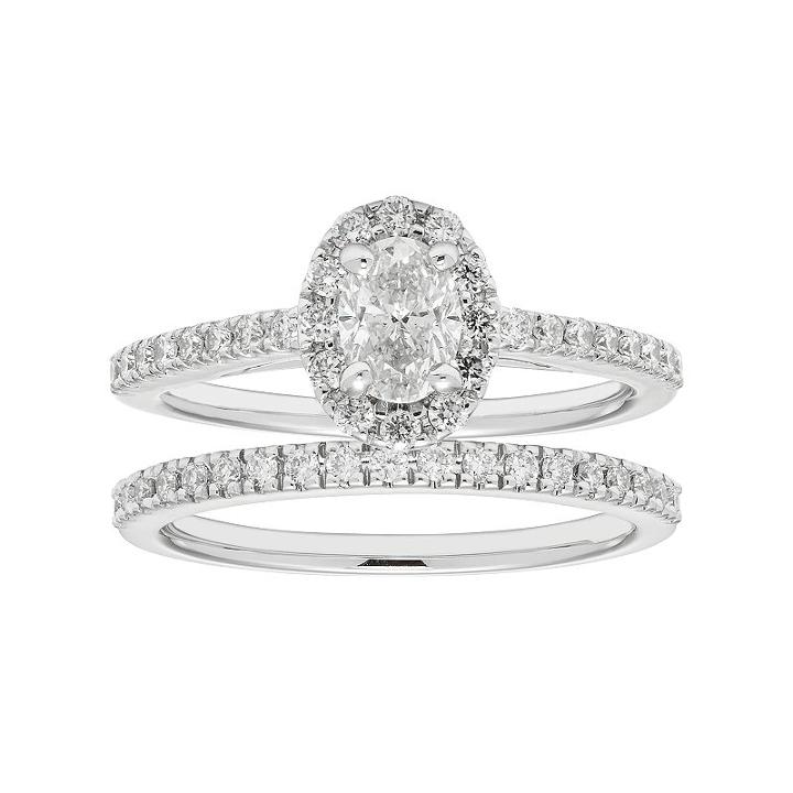 Boston Bay Diamonds 14k White Gold 1 Carat T.w. Igl Certified Diamond Oval Halo Engagement Ring Set, Women's, Size: 6.50