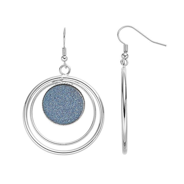 Blue Glittery Disc Nickel Free Drop Hoop Earrings, Women's, Navy