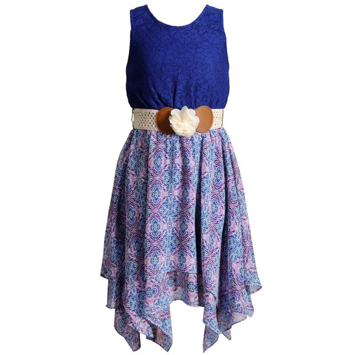 Girls 7-16 Emily West Lace Bodice Belted Sharkbite Hem Dress, Size: 16, Blue