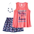 Girls 7-16 Self Esteem Crochet Lace Trim Tank Top & Flowy Shorts Set With Necklace, Size: Large, Pink