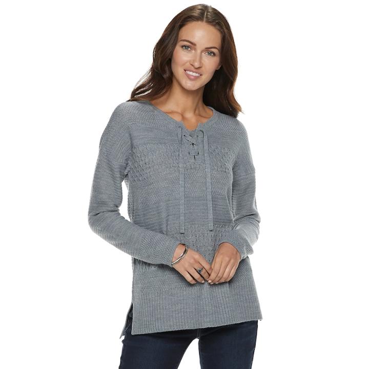Petite Sonoma Goods For Life™ Cable Knit Lace-up Sweater, Women's, Size: Xs Petite, Med Grey