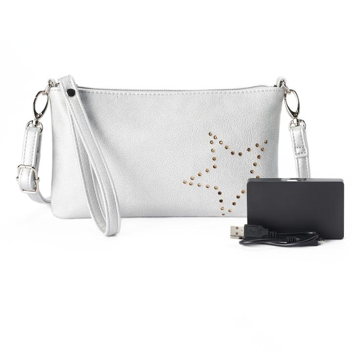 Perforated Phone Charging Crossbody Bag, Women's, Silver
