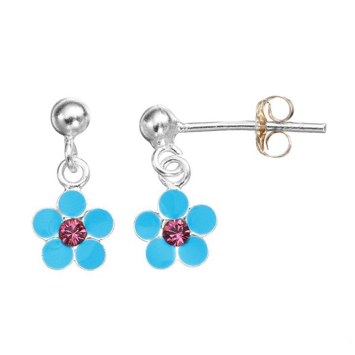 Charming Girl Sterling Silver Crystal Flower Drop Earrings - Made With Swarovski Crystals - Kids, Blue