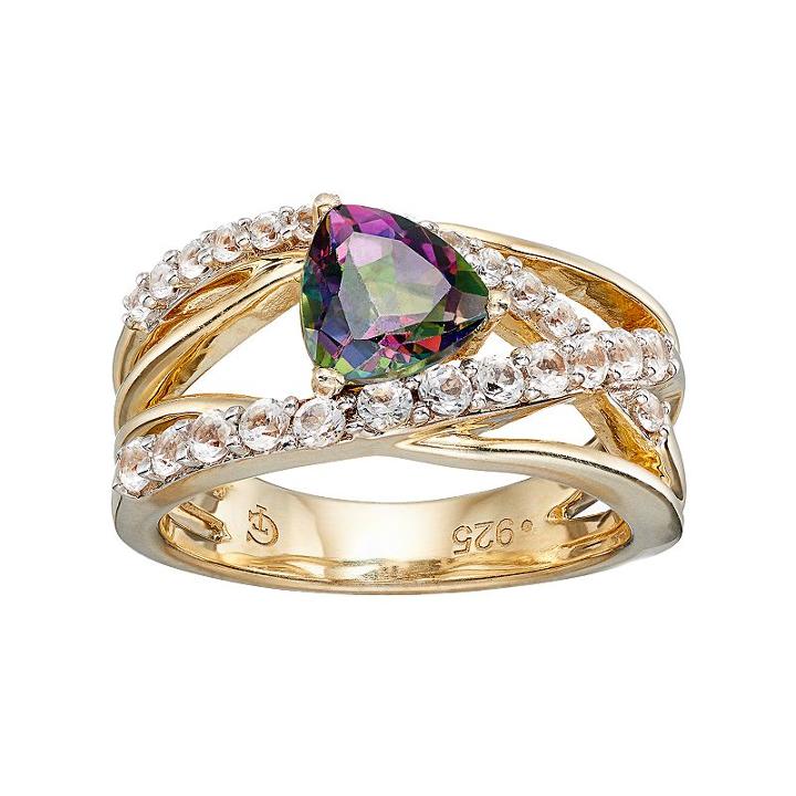 14k Gold Over Silver Mystic Fire Topaz & Lab-created White Sapphire Crisscross Ring, Women's, Size: 6, Green