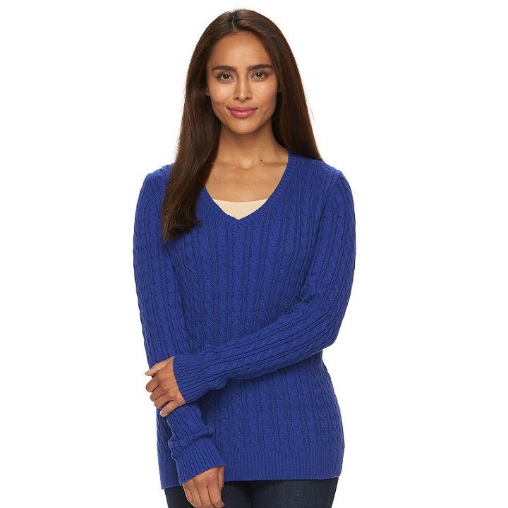 Women's Croft & Barrow&reg; V-neck Cable Knit Sweater, Size: Medium, Dark Blue