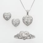Sterling Silver Diamond Accent Heart Pendant, Ring And Stud Earring Set, Women's, White