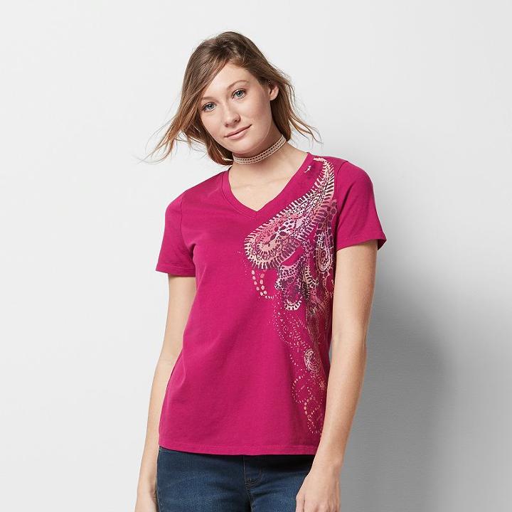 Women's Graphic V-neck Tee, Size: Xl, Dark Pink