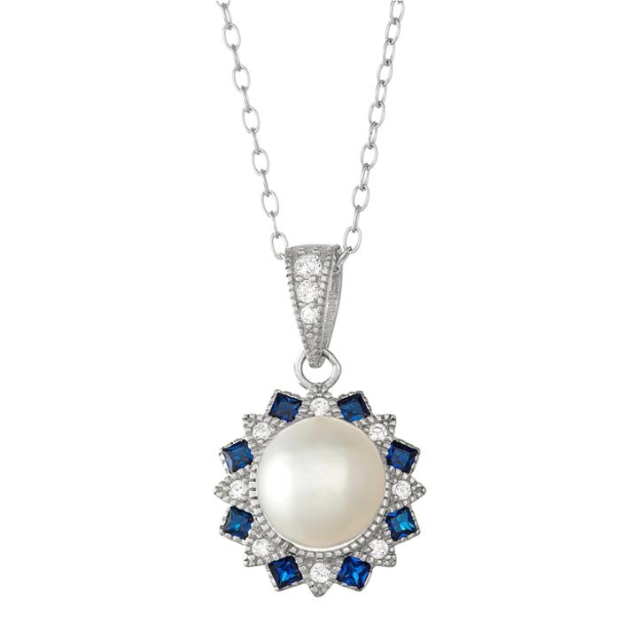 Sterling Silver Freshwater Cultured Pearl & Lab-created Blue Spinel Flower Pendant, Women's, Size: 18, White