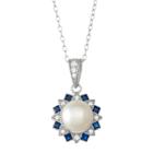 Sterling Silver Freshwater Cultured Pearl & Lab-created Blue Spinel Flower Pendant, Women's, Size: 18, White