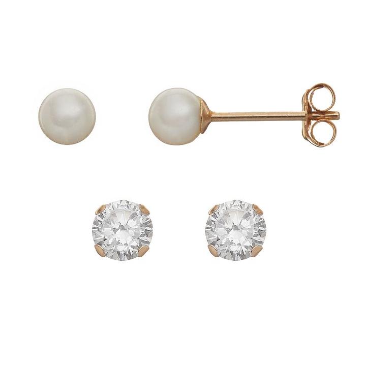 Taylor Grace Freshwater Cultured Pearl & Cubic Zirconia 10k Gold Stud Earring Set, Women's, White