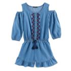 Girls 7-16 My Michelle Embroidered Chambray Cold Shoulder Romper, Size: Xl, Light Blue