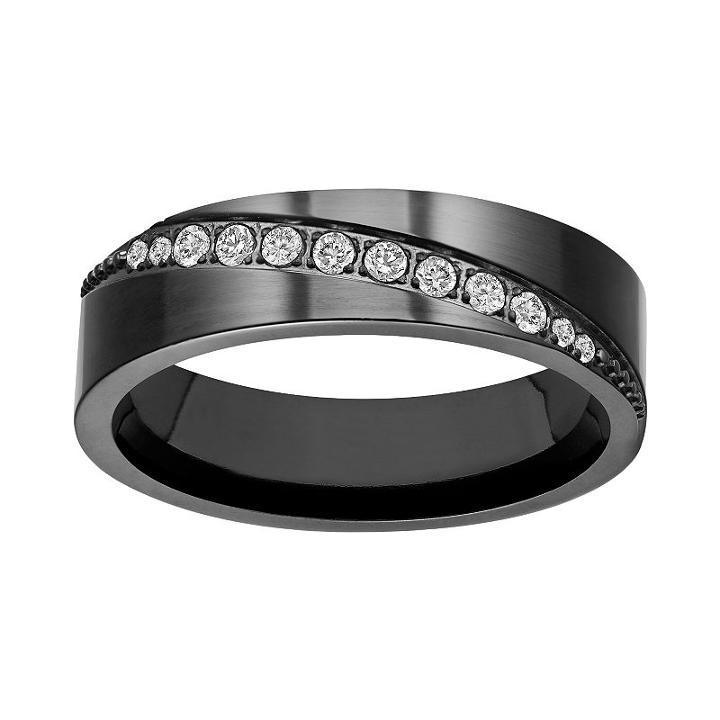 Black Ion-plated Titanium Cubic Zirconia Diagonal Stripe Wedding Band - Men, Size: 7