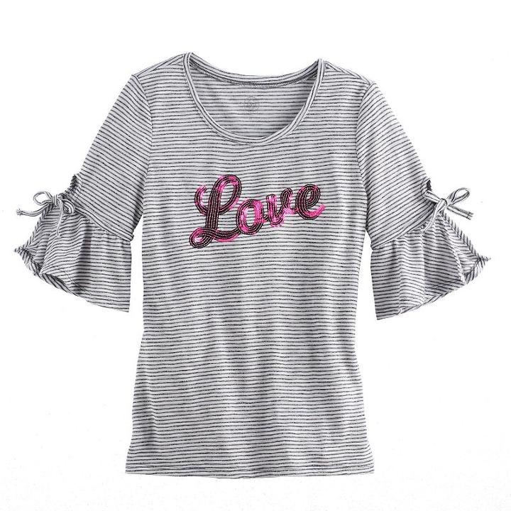 Girls 7-16 So&reg; 3/4-length Bell Sleeve Sequin Striped Tee, Size: 16, Oxford