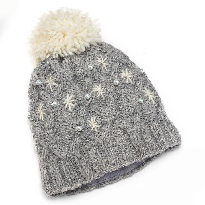 Sijjl Beaded Pom-pom Knit Wool Beanie Hat, Women's, Grey