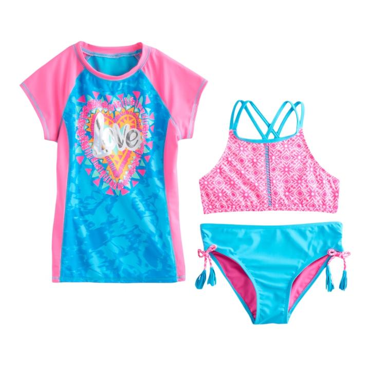 Girls 7-16 & Plus Size So&reg; Love Rashguard, Double Criss-cross Bikini Top & Bottoms Swimsuit Set, Size: 7-8, Blue