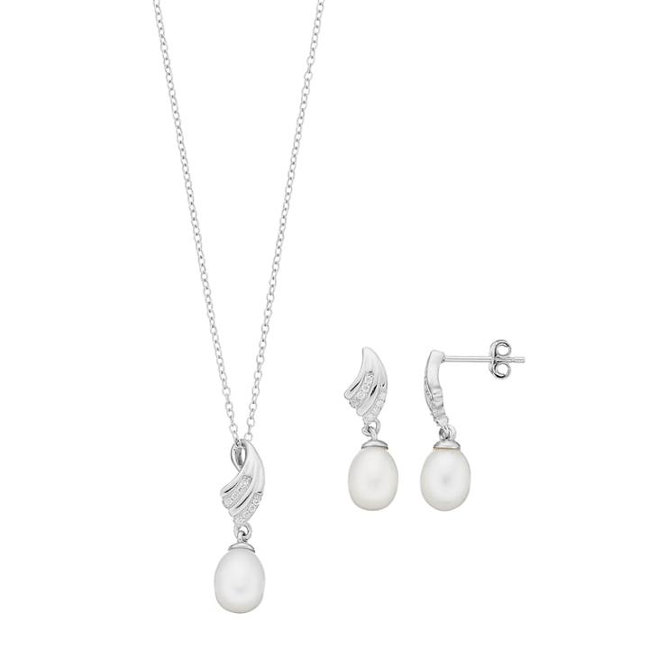 Sterling Silver Freshwater Cultured Pearl & Cubic Zirconia Pendant & Drop Earring Set, Women's, Size: 18, White