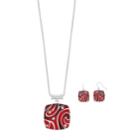 Square Pendant Necklace & Drop Earring Set, Women's, Red