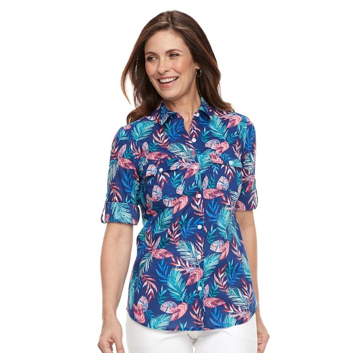 Women's Croft & Barrow&reg; Roll-tab Woven Shirt, Size: Small, Dark Blue