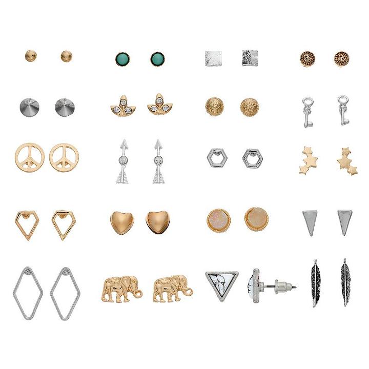Elephant, Arrow, Key & Peace Sign Stud Earring Set, Women's, Multicolor