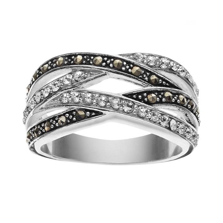 Silver Luxuries Silver-plated Marcasite & Crystal Woven Ring, Women's, Size: 7, Black