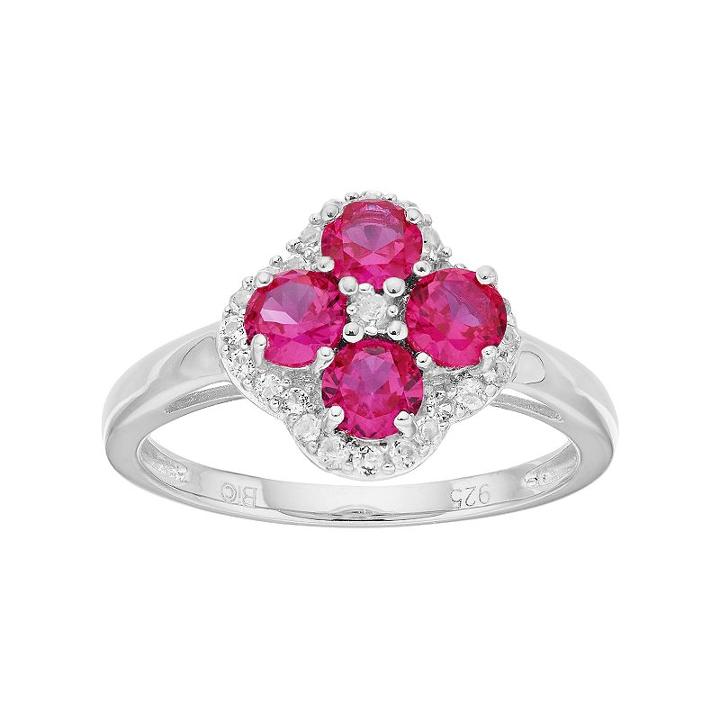 Sterling Silver Lab-created Ruby & White Topaz Flower Ring, Women's, Size: 6, Red