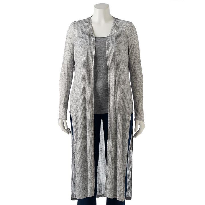 Plus Size Rock & Republic&reg; Ribbed Tie Front Long Cardigan, Women's, Size: 2xl, Med Grey